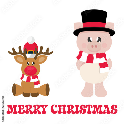 cartoon christmas deer and winter pig with scarf in hat and christmas text