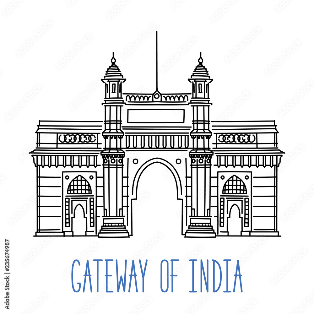 Gateway of India, Mumbai. Hand drawn outline vector illustration isolated on white background