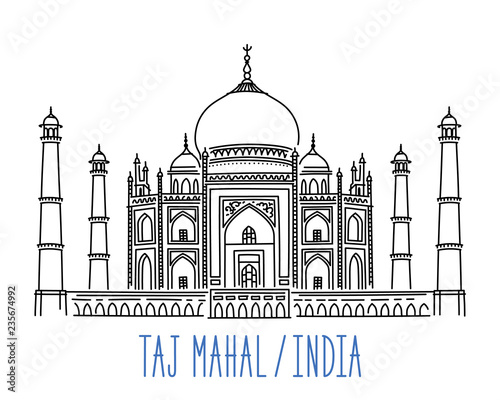 Taj Mahal mausoleum, India. Hand drawn outline vector illustration isolated on white background