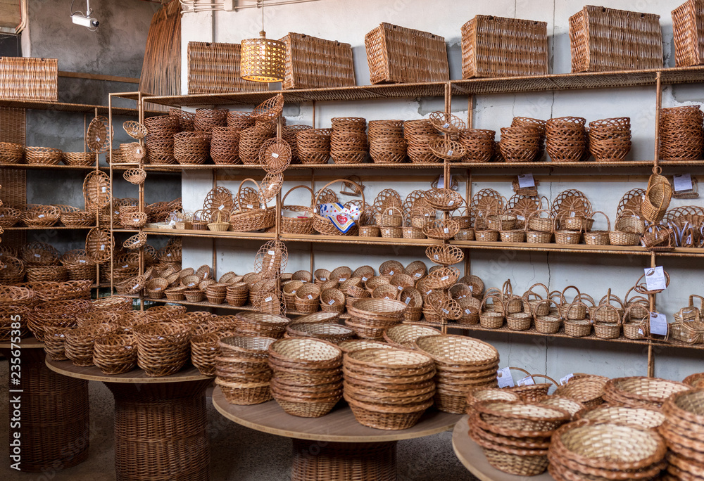 Wicker baskets on sale in a factory shop in Camacha on Madeira Island. Portugal