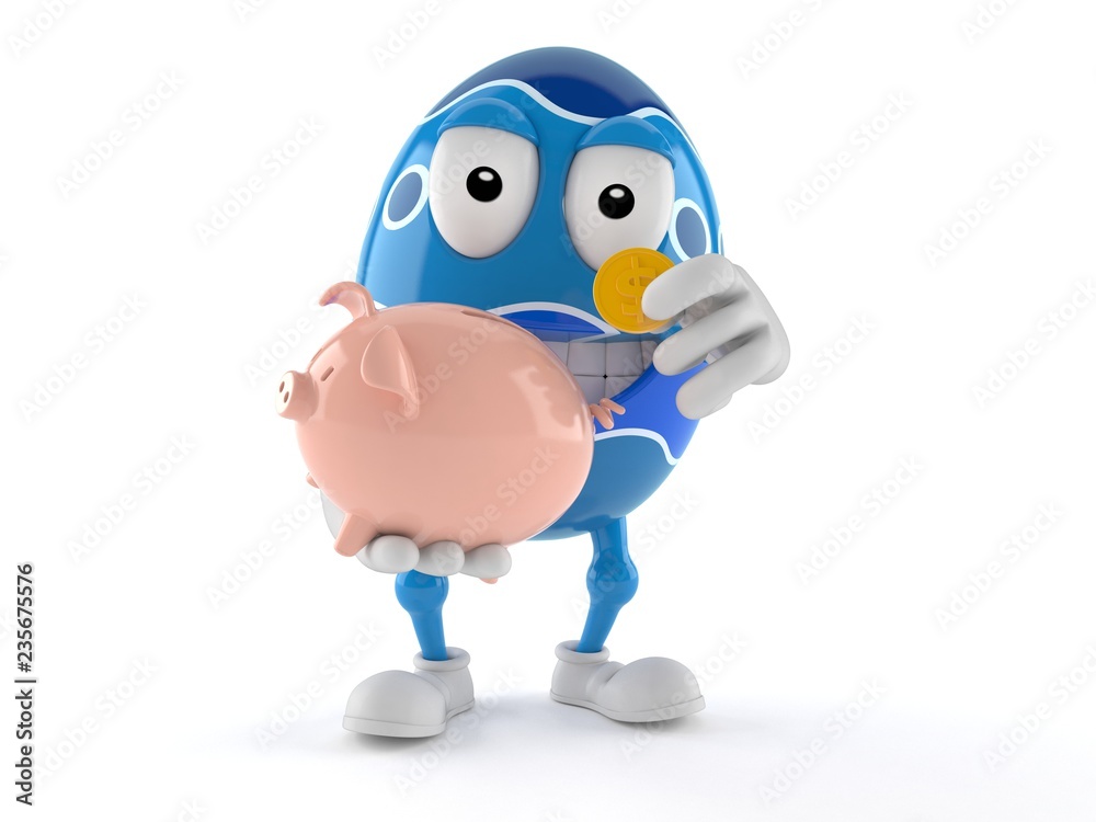 Obraz premium Easter egg character holding piggy bank