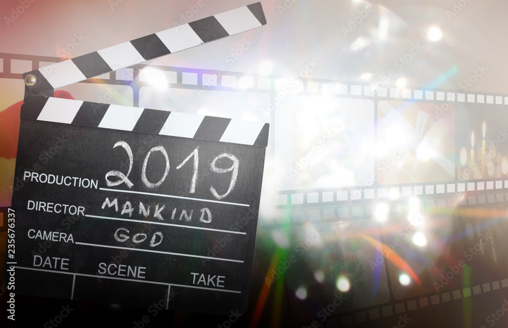 Naklejka premium New year 2019 abstract film and destiny concept on blured background with clapperboard