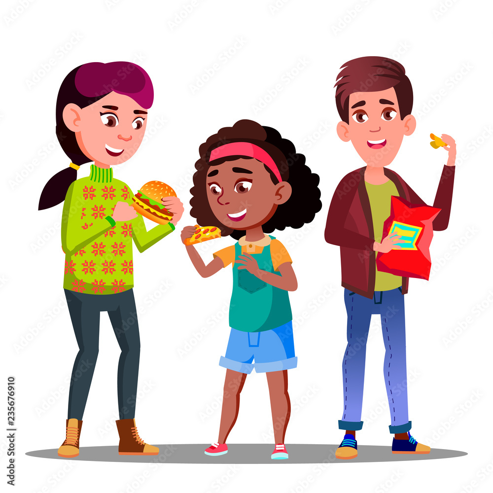 Unhealthy Diet, Boy And Girl Eating Hamburgers, Pizza And Potato Chips  Vector. Isolated Cartoon Illustration Stock Vector | Adobe Stock