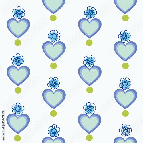 White geometric pattern with blue heart and blue line art flower blossom.