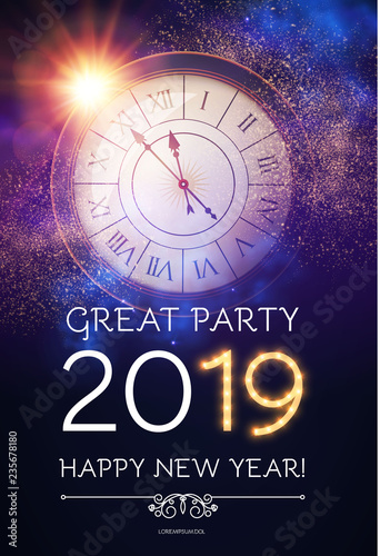 Happy Hew 2019 Year Clock, Gold Shimmering. Lights and Bokeh Effect.
