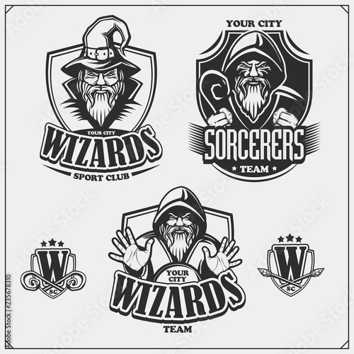 Labels, emblems and design elements for sport club with wizard or magician. Print design for t-shirts.