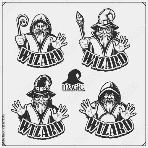 Set of wizard or magician emblems, labels and design elements. Illustrations of sorcerer with black pointed hat.