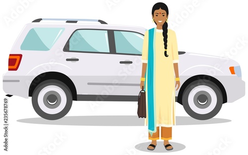 Indian businesswoman in traditional national clothes standing near the car on white background in flat style. Business concept. Detailed illustration of automobile and woman. Vector illustration.