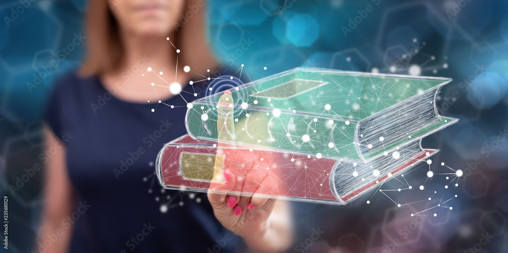 Woman touching an e-learning concept - obrazy, fototapety, plakaty 