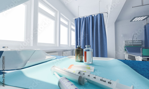 Syringes Needles and Bottles in a Medical Room 3d rendering