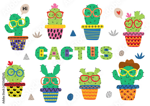 set of isolated funny cactus in glasses - vector illustration, eps