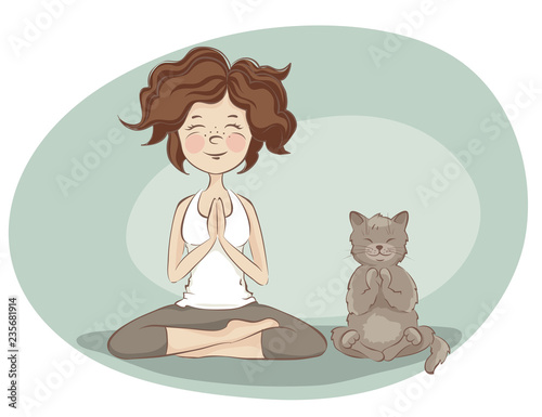 Young woman and cat  practicing yoga / Funny vector illustration on the theme of health and sport
