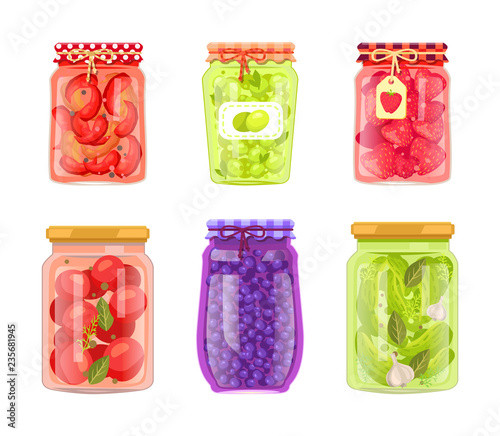 Preserved fruit and vegetables set vector icons