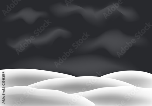 Snowy landscape isolated on dark background. Vector illustration of winter decoration. Snow background.Snowdrift . Light smoky clouds © Natali
