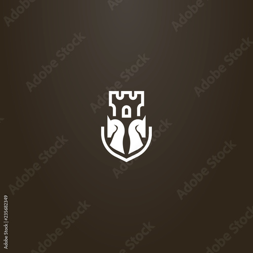 white sign on a black background. vector flat art sign of two chess knights and castle tower behind them
