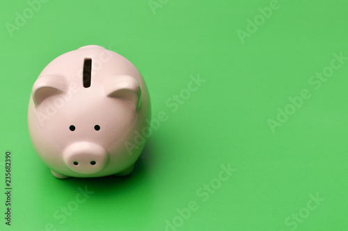 Pink piggy Bank stands on the left on a green background. On the right there is a place in copyspace.