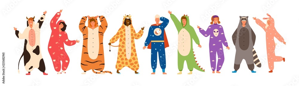 Fototapeta Pakiet kobiet i mężczyzn ubranych w body reprezentujące różne zwierzęta i postacie. Set ludzie jest ubranym kombinezony lub kigurumi odizolowywających na białym tle. Ilustracja kreskówka płaski wektor