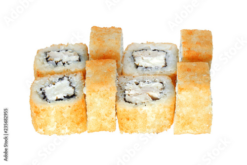Hot fried sushi rolls with chicken and cheese. Isolated on white background. Menu.
