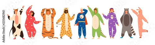 Bundle of men and women dressed in onesies representing various animals and characters. Set of people wearing jumpsuits or kigurumi isolated on white background. Flat cartoon vector illustration.