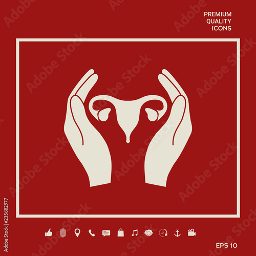 Hands holding Female uterus - protection icon. Graphic elements for your design