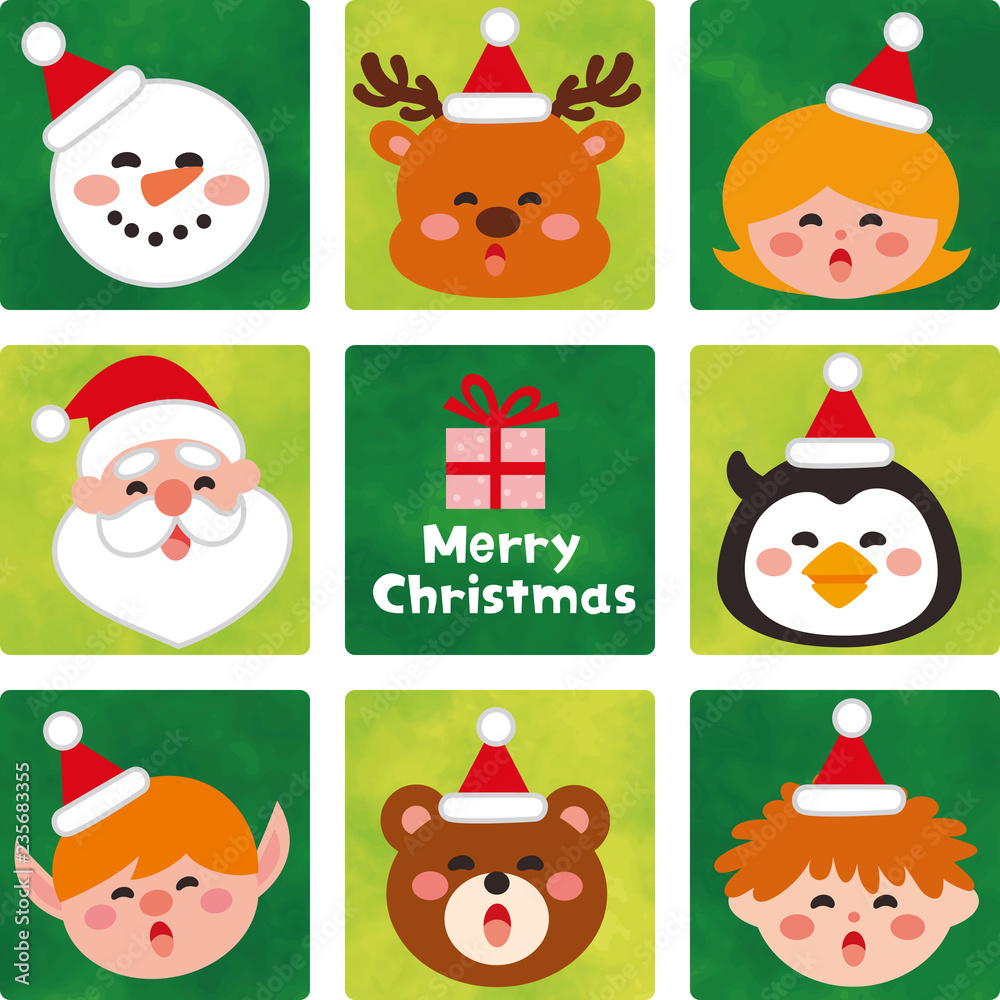 サンタクロースの帽子をかぶったかわいいクリスマスのキャラクター アイコンセット ベクター素材セット Stock Vector Adobe Stock