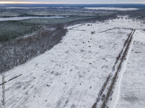 Aerial view of the lake  snow field and winter forest 