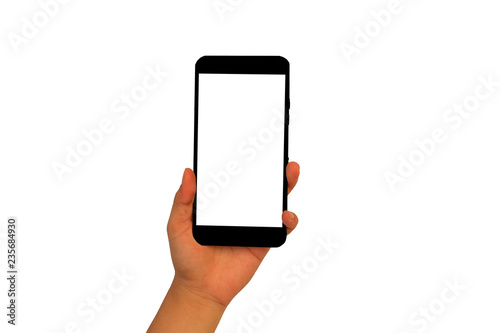 Photographing with smartphone in hand on white background