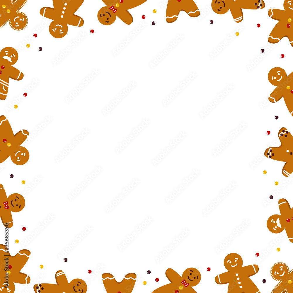 Vector frame, card template with cute smiling cartoon gingerbread man  characters. Cute frame, background for winter holidays party. Stock Vector  | Adobe Stock