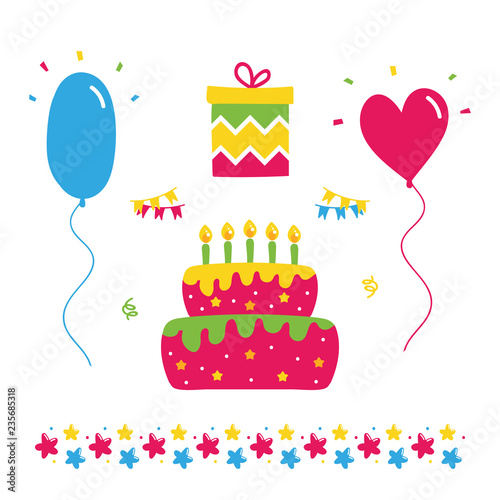 Set  collection of colorful vector birthday party design elements  balloons  gift box  birthday cake with candles and stars border.