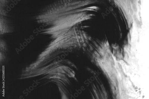 Abstract ink background. Marble style. Black paint stroke texture on white paper. Wallpaper for web and game design. Grunge mud art. Macro image of pen juice. Dark Smear.