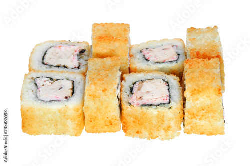 Portion hot fried rolls with crab meat and chicken fillet. Isolated on white background. Menu.