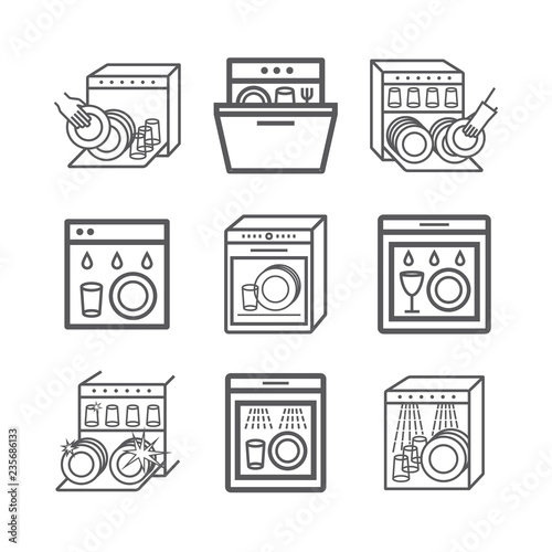 Dishwasher line icons set. Cleaning dishes symbol. Vector signs for web graphic.