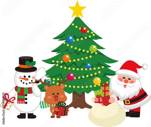 サンタクロースとクリスマスツリーセット1。袋からプレゼントを出すサンタクロース。ベクター素材。