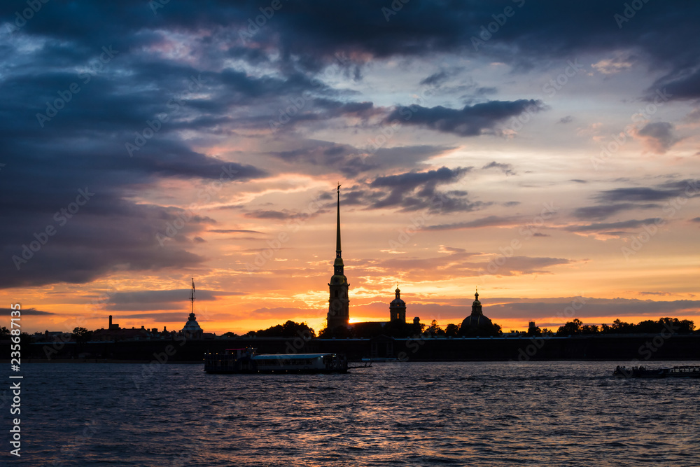 Colorful sunset over Peter and Paul Cathedral, St. Petersburg, Russia