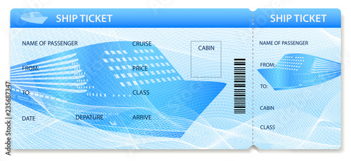 Vector Ship ticket (template / layout). Travel by Cruise liner (Transport). Enjoy your vacation. Isolated illustration on white background
