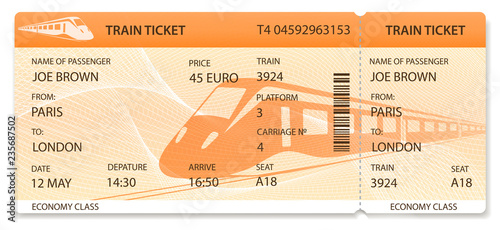 Vector Train ticket, Rail pass design, traveler check (template / layout) with train on orange background. Travel by Railway Transport. Enjoy your vacation. Isolated vector photo