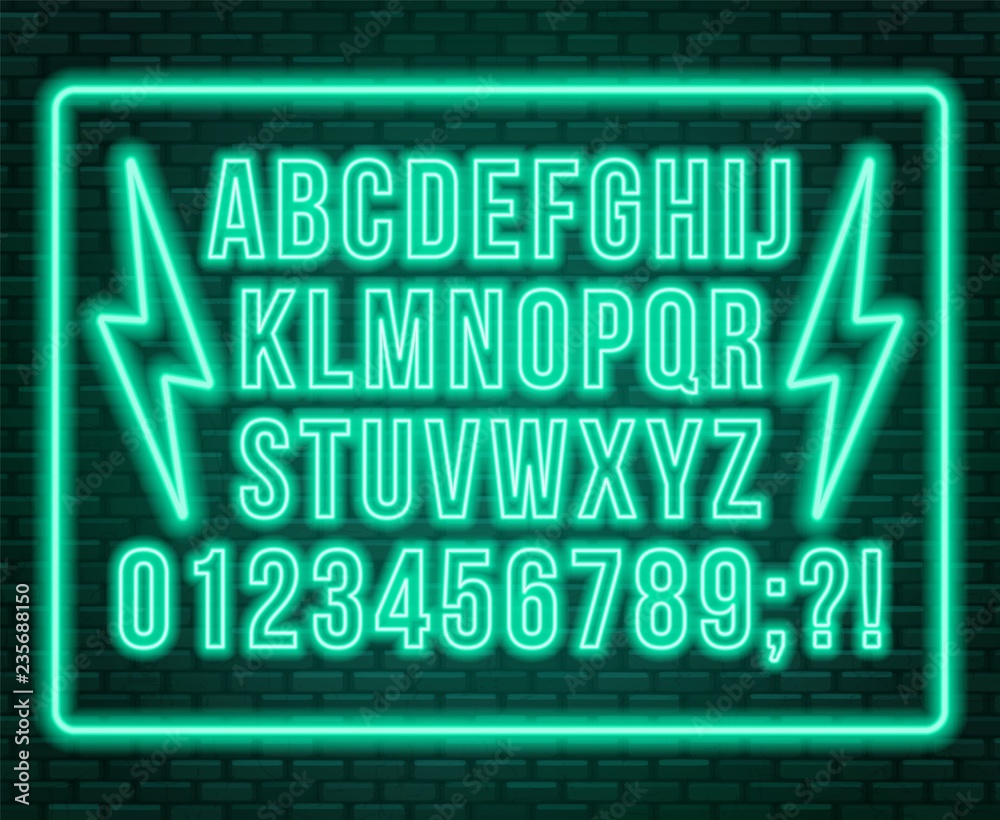 Neon blue font. Bright capital letters with numbers on a dark background.