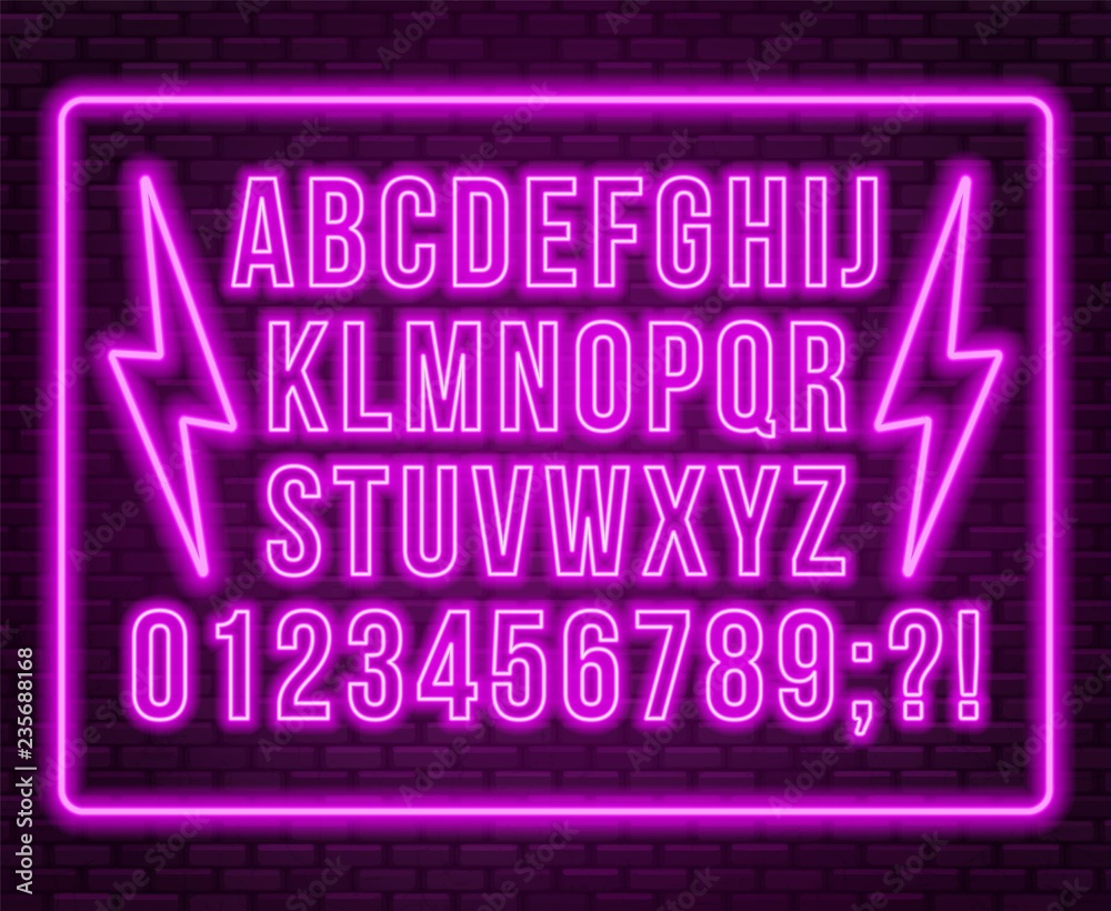 Obraz premium Neon pink font. Bright capital letters with numbers on a dark background.