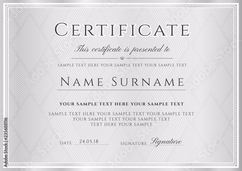 Certificate vector template. Formal silver border geometric pattern background for Diploma, certificate of appreciation, achievement, invitation, award