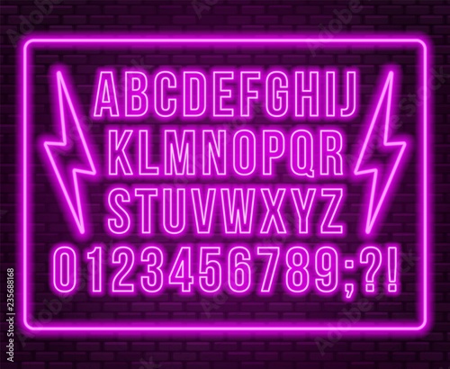 Neon pink font. Bright capital letters with numbers on a dark background.