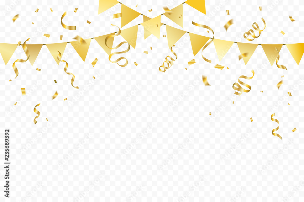 Golden Party Flags With Confetti And Ribbons Falling On Transparent  Background. Celebration Event & Birthday. Vector Stock Vector | Adobe Stock
