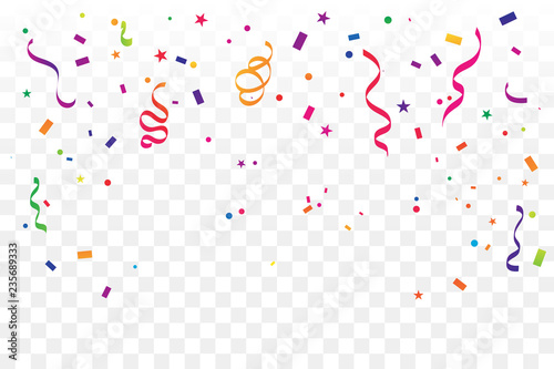 Colorful Confetti And Ribbon Falling On Transparent Background. Celebration & Party. Vector Illustration