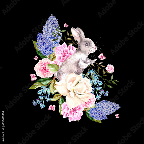 A beautiful watercolor bouquet with roses and peony flowers, lilac and banny.