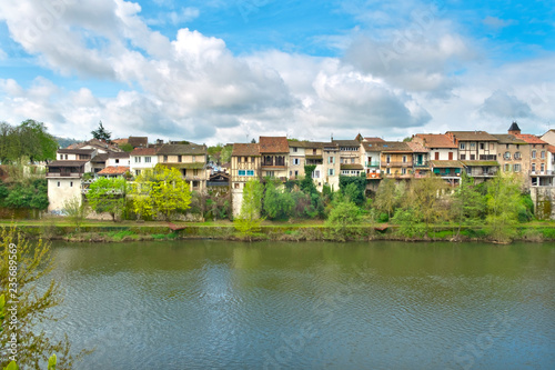 Picturesque old houses above the Lot River in the centre of Villeneuve-sur-Lot, Lot-et-Garonne, France