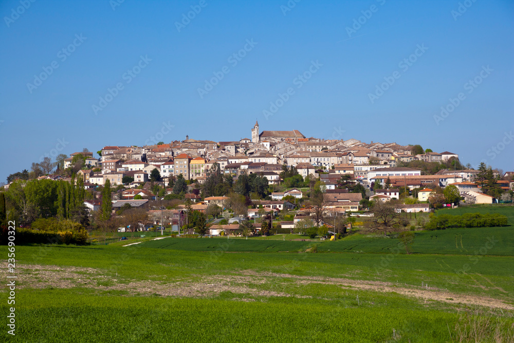 View of historic Monflanquin, Lot-et-Garonne, France. The hilltop bastide town is a member of 