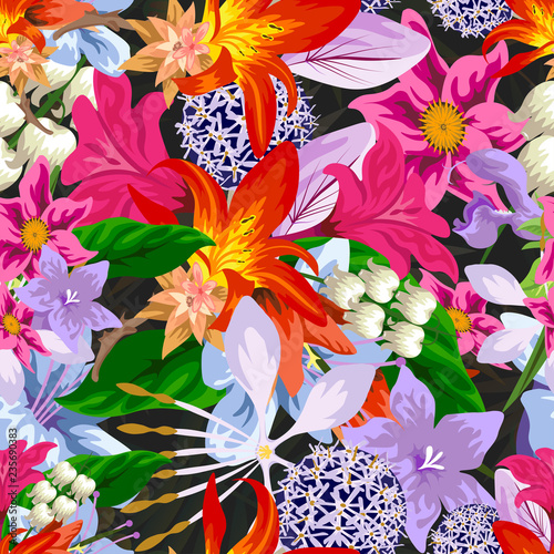 Tropical flower seamless vector pattern, floral fashionable tropic background for fabric textile, exotic hawaiian floral texture for print, trendy natural hand drawn leaves for fashion textile