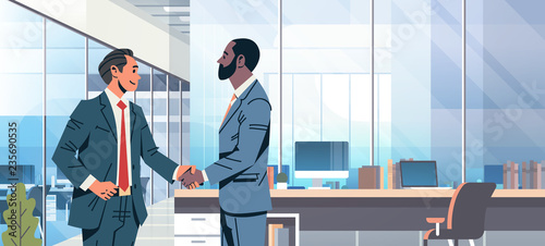 businessmen handshake agreement concept mix race business men partnership communication modern office interior male cartoon character flat portrait horizontal