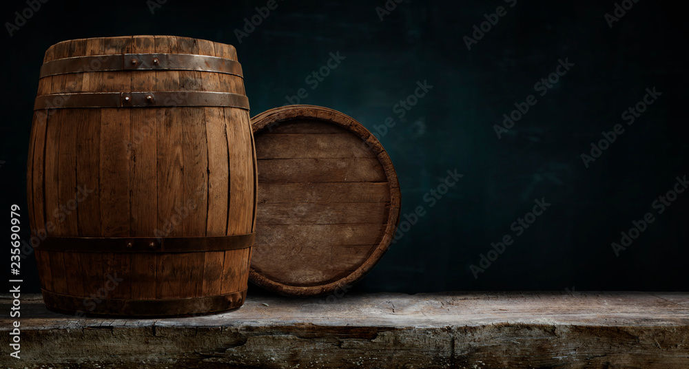 background of barrel and worn old table of wood background of barrel and worn old table of wood