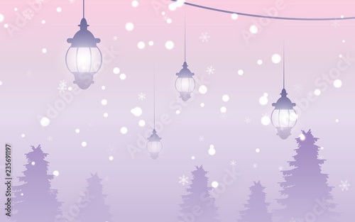Winter is coming. Snowy night forest with falling snow and super moon. Landscape background winter.