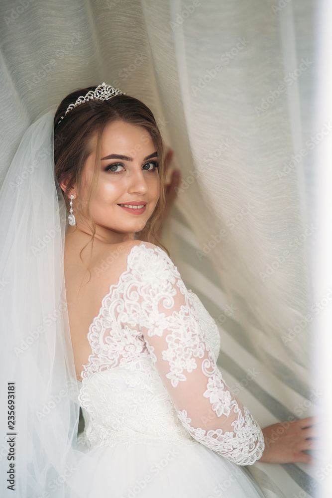 Portrait of a bride in a wedding dress. The bride dresses in the hotel Portrait of a bride in a wedding dress. The bride dresses in the hotel
